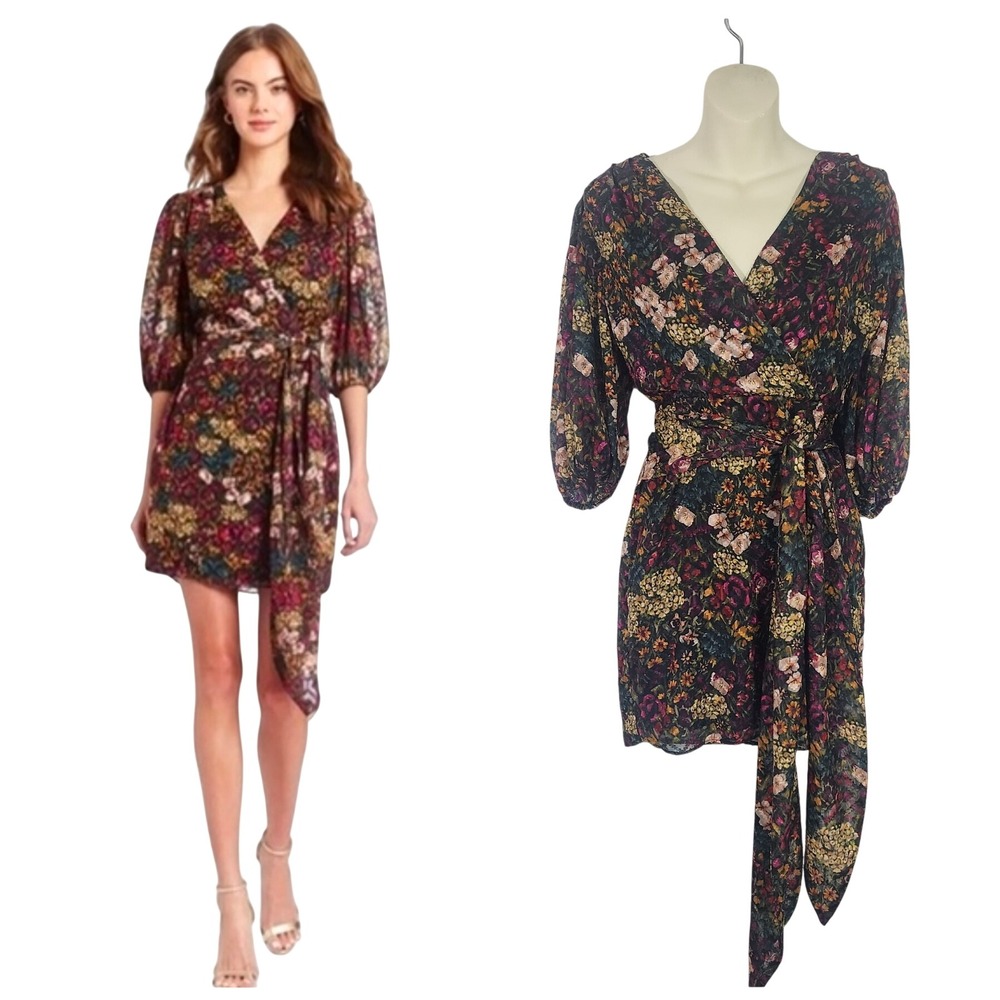 Amanda Uprichard Alida Dress XS Floral Wrap Mini Puff Sleeve Tie Waist chiffon